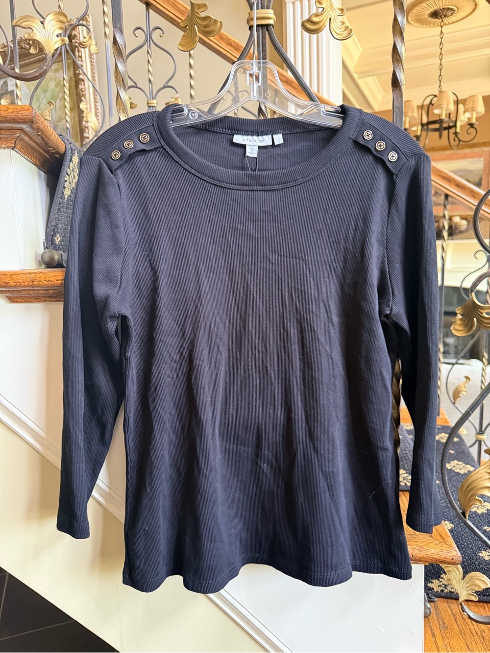 Chico’s Rib/Crew NWT 3QTR Button top. Black 3/4 sleeve. Size 1